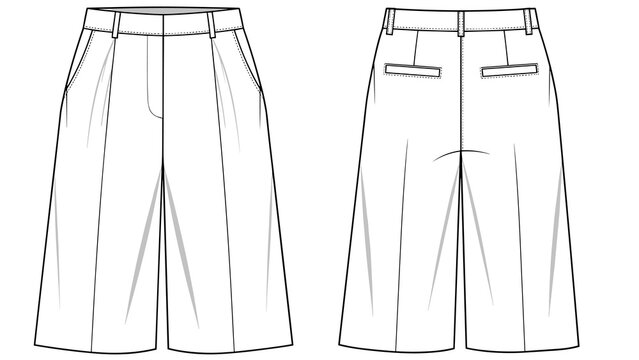 Trendy wide-leg trousers technical drawing showcases stylish culottes design for fashion illustration, garment pattern drafting, clothing design, providing a modern, elegant silhou.