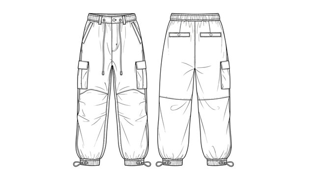 Cargo Pants Technical Fashion Flat Sketch, Joggers Front and Back View: Garment Template and Design Mockup for Fashion Design, Technical Drawings, Casual Wear, Style, and Apparel D.