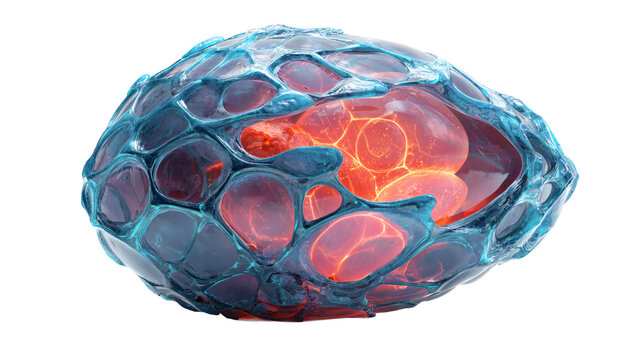 Exotic alien egg with transparent shell and glowing embryo, sci-fi biology, isolated on a white background