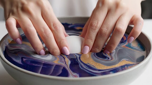 Elegant hands marble dyeing Easter egg with gold flecks  