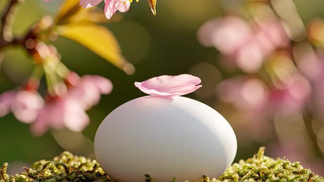 Delicate petal falling onto eggshell with spring flowers in background  