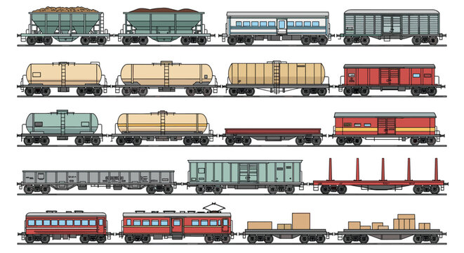 Diverse collection of railway freight cars, tankers, and passenger wagons in different colors and types for transport and logistics.