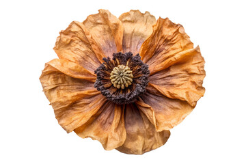 A dried poppy flower with brown and orange petals, centered on a white background, showcasing its delicate texture and intricate details.