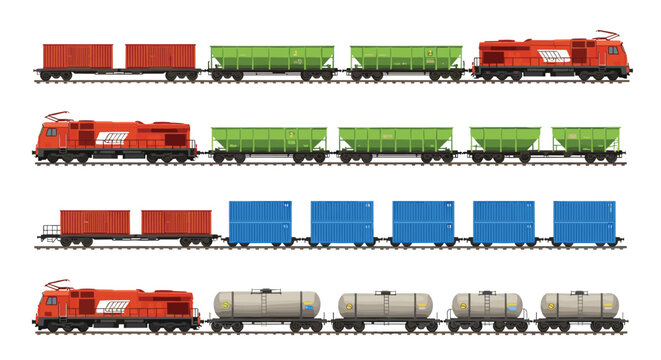 Freight train compositions with locomotives pulling green, red, blue, and grey cargo wagons and tankers on tracks against white background.
