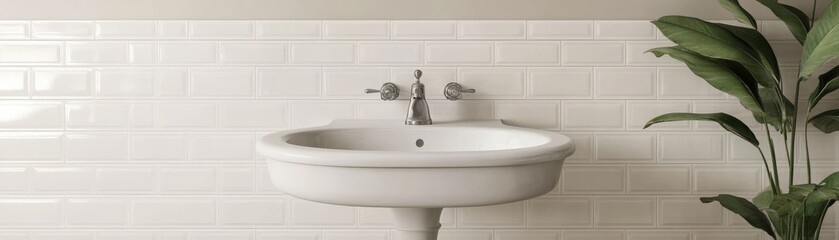 Fototapeta premium Classic Bathroom White Subway Tile, Pedestal Sink and Green Plant, interior design , bathroom decor