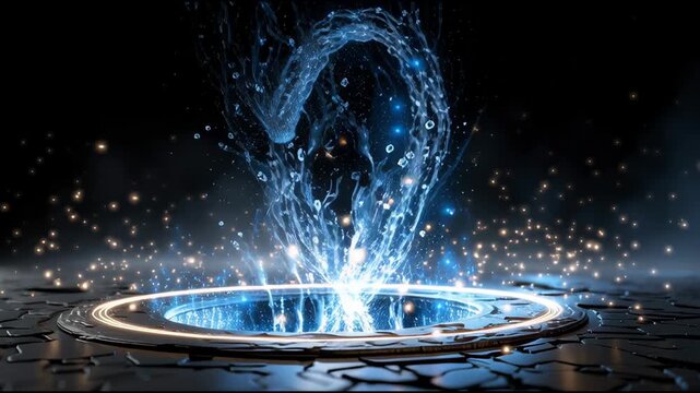 A blue and white water vortex with a hole in the middle. The water is flowing out of the hole and creating a misty effect. The image has a mysterious and ethereal mood