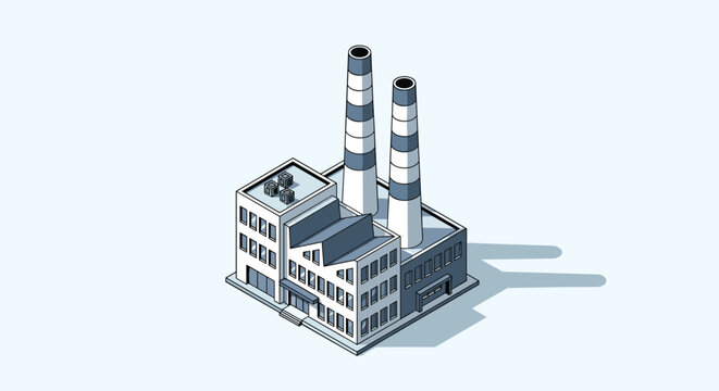 Industrial factory building with two large striped chimneys shown in an isometric view against a light blue background.