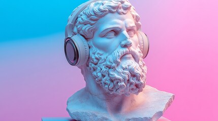 A classical marble bust of a bearded man wearing modern headphones, set against a pink and blue gradient. Ideal for tech blogs, education sites, or content blending history with modern culture.

