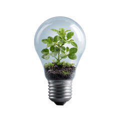 A transparent lightbulb containing a small green plant.  The plant is rooted in soil