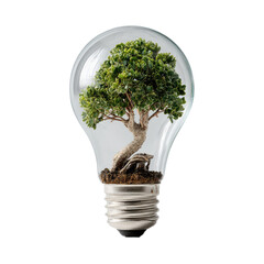A small bonsai tree sits inside a clear lightbulb