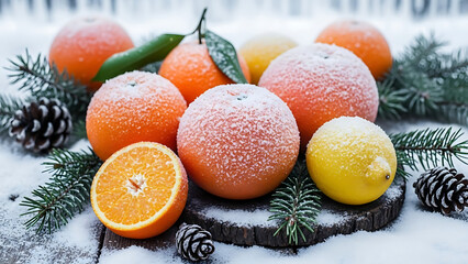 Still life arrangement of fresh oranges, tangerines, and lemons lightly dusted with snow or sugar, placed on a snowy wooden surface with pine branches and pinecones, suggesting a winter holiday theme.