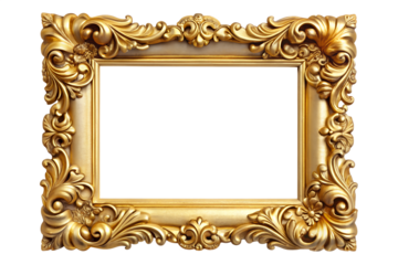 A luxurious gold picture frame with intricate designs and patterns, isolated on a white background, perfect for displaying artwork or photographs.