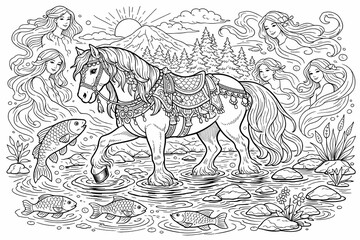 Fototapeta premium Elegant coloring page of a richly adorned pony stepping through a rocky stream with fish as graceful floating muses encircle a sunny mountain landscape, perfect for creatives.