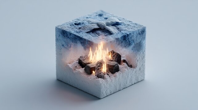 Isometric cube with a burning campfire inside a snowy, frozen landscape. Great for contrast-themed blogs, climate change articles, survivalist websites, and metaphorical design projects.