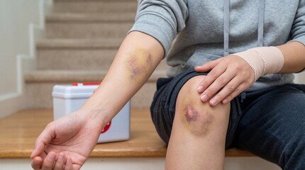 Obraz premium Person with visible bruises on arm and knee sitting on stairs