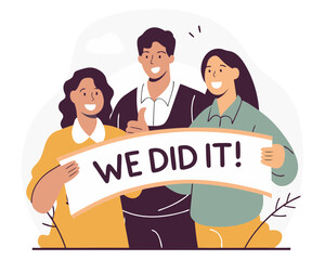 Naklejka premium Flat Vector Illustration of Happy Team Standing Together and Holding a Large Banner Saying We Did It, Smiling Faces, Teamwork Celebration, and Positive Success Concept