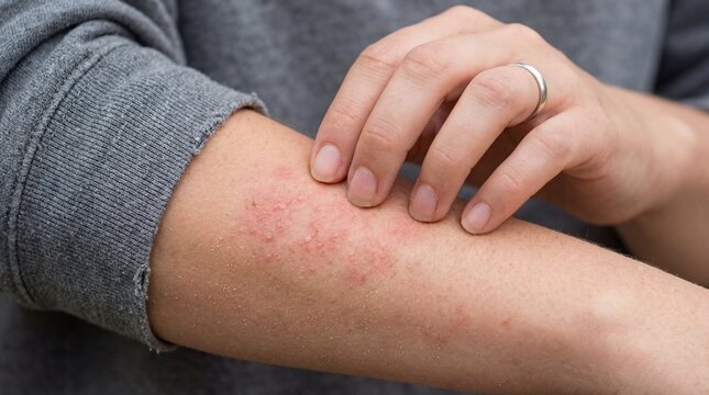 Person scratching red skin rash on arm with hand