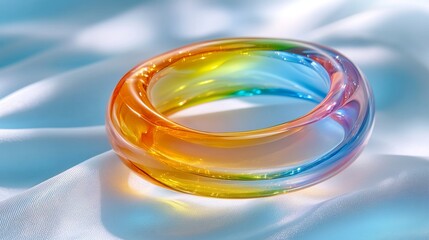 A translucent glass ring with a vibrant rainbow gradient resting on soft white fabric. Ideal for jewelry design blogs, LGBTQ+ pride content, luxury fashion sites, and modern product catalogs.