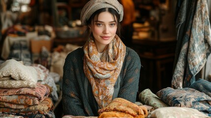 A woman in a beret and patterned scarf smiles softly among piles of textiles in a cozy, warmly lit shop. Ideal for fashion blogs, travel sites, or content on handmade crafts and cultural markets.

