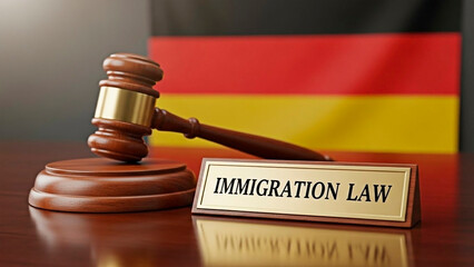 A gavel and immigration law sign on a desk in front of the German flag