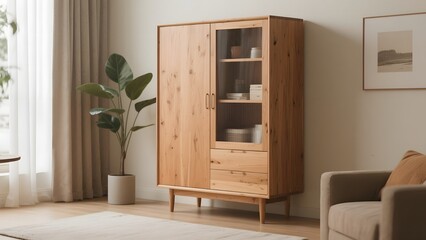 A modern wooden cabinet with glass doors and drawers in a well-lit room, showcasing interior design and home decor