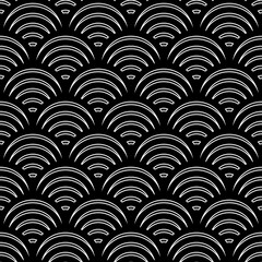 Fish scale wallpaper. Asian traditional ornament with repeated scallops. Repeated black curves on white background. Seamless surface pattern design with semicircles. Grid motif. Digital paper. Vector. © funkyplayer