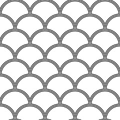 Fish scale wallpaper. Asian traditional ornament with repeated scallops. Repeated black curves on white background. Seamless surface pattern design with semicircles. Grid motif. Digital paper. Vector. © funkyplayer