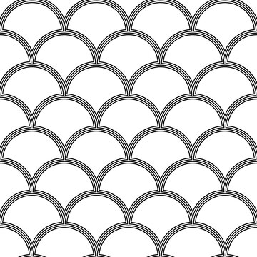Fish scale wallpaper. Asian traditional ornament with repeated scallops. Repeated black curves on white background. Seamless surface pattern design with semicircles. Grid motif. Digital paper. Vector.