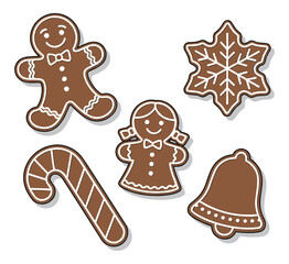Fototapeta premium A set of five festive brown gingerbread holiday cookies decorated with white icing.Isolated transparent background ( include cut-out PNG file )