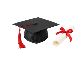 Black graduation cap with red tassel and rolled diploma tied with red ribbon