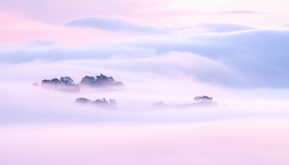 Dreamy pastel landscape with misty hills peeking through soft pink and purple clouds at dawn, tranquil nature scene.