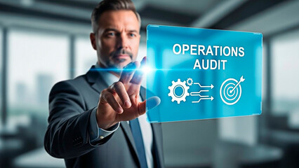 A businessman interacting with operations audit interface in a modern office