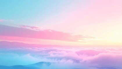 Dreamy pastel sky above clouds. Soft pink, blue, and yellow gradient at sunrise or sunset, ethereal atmospheric view.