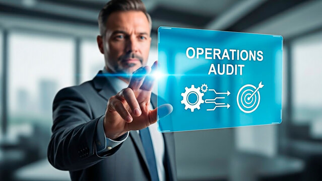 A businessman interacting with operations audit interface in a modern office - Powered by Adobe