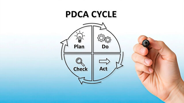 A hand drawing a PDCA cycle diagram for business process improvement
