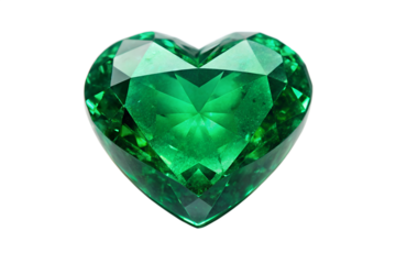 A stunning heart-shaped emerald gemstone, showcasing its vibrant green color and intricate facets, set against a clean white background.