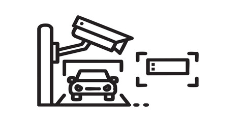 Parking lot vector icon with license plate recognition and CCTV video surveillance, outline and filled style, isolated on transparent background, clean modern security illustrationParking lot vector i
