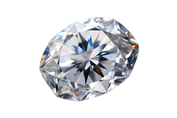 A stunning oval-cut diamond is showcased against a pristine white background, highlighting its intricate facets and exceptional clarity. The diamond's brilliance and fire are on full display