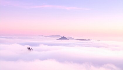Ethereal Pastel Sunrise: Mountain Peaks Emerge from a Sea of Soft Pink and Purple Clouds. Dreamy Landscape.