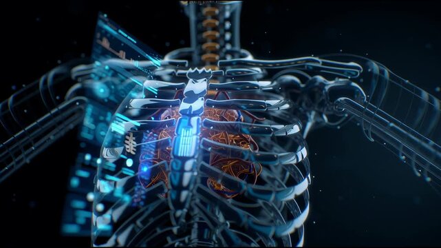 A skeleton with a heart and a screen showing a heart monitor