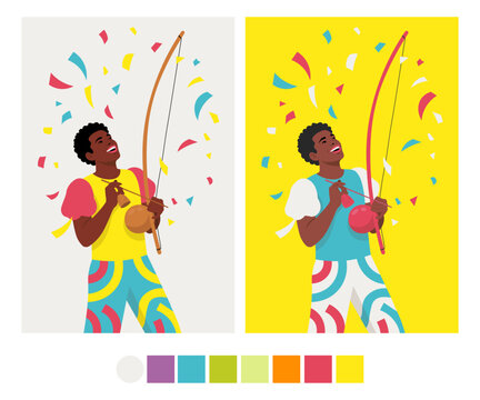 Happy Brazilian Musician Playing Berimbau - Vibrant Carnaval and Capoeira Character