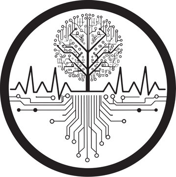 Digital tree with electronic roots and heartbeat waveform in a circular frame