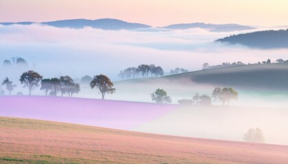 Misty Pastel Sunrise: Tranquil Rolling Hills with Scattered Trees Bathed in Soft Light and Atmospheric Fog.