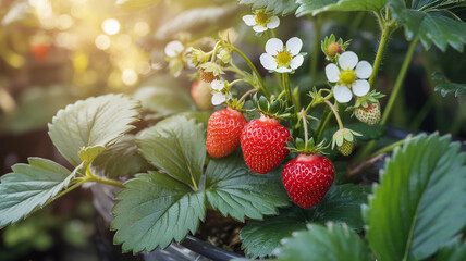 Ultra-detailed macro photography of fresh red strawberries on plant, natural sunlight, glossy texture, green foliage, blooming white flowers, golden bokeh background, shallow depth, vibrant colors .