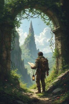 Adventurer Standing Before Giant Ancient Ruins in a Lush Valley
