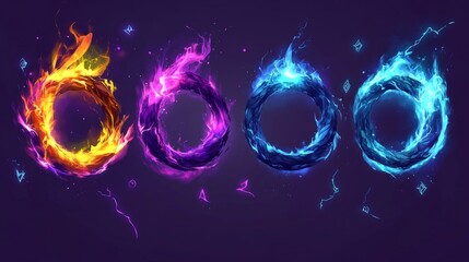 Four different colored fire circles with blue and purple flames. The circles are arranged in a row. The circles are of different sizes and colors