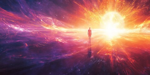 A man stands in front of a bright orange sun in a vast, colorful space. The scene is surreal and otherworldly, with the man appearing to be the only being in the image