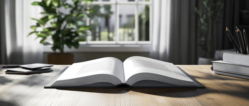 Open book on wooden table sunlight home office education study reading learning