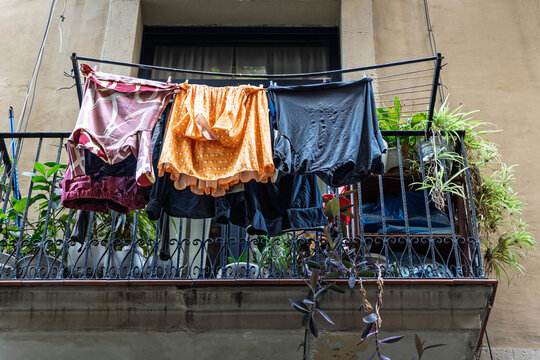 Laundry Drying on a Typical Mediterranean Balcony Barcelona, Spain