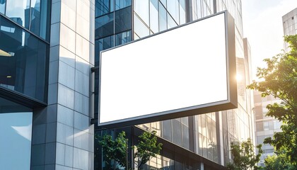Empty white billboard display on modern office building facade in sunny urban setting